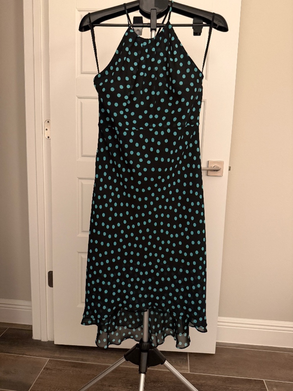 Jones Wear Black Halter Dress with Teal Polka Dots